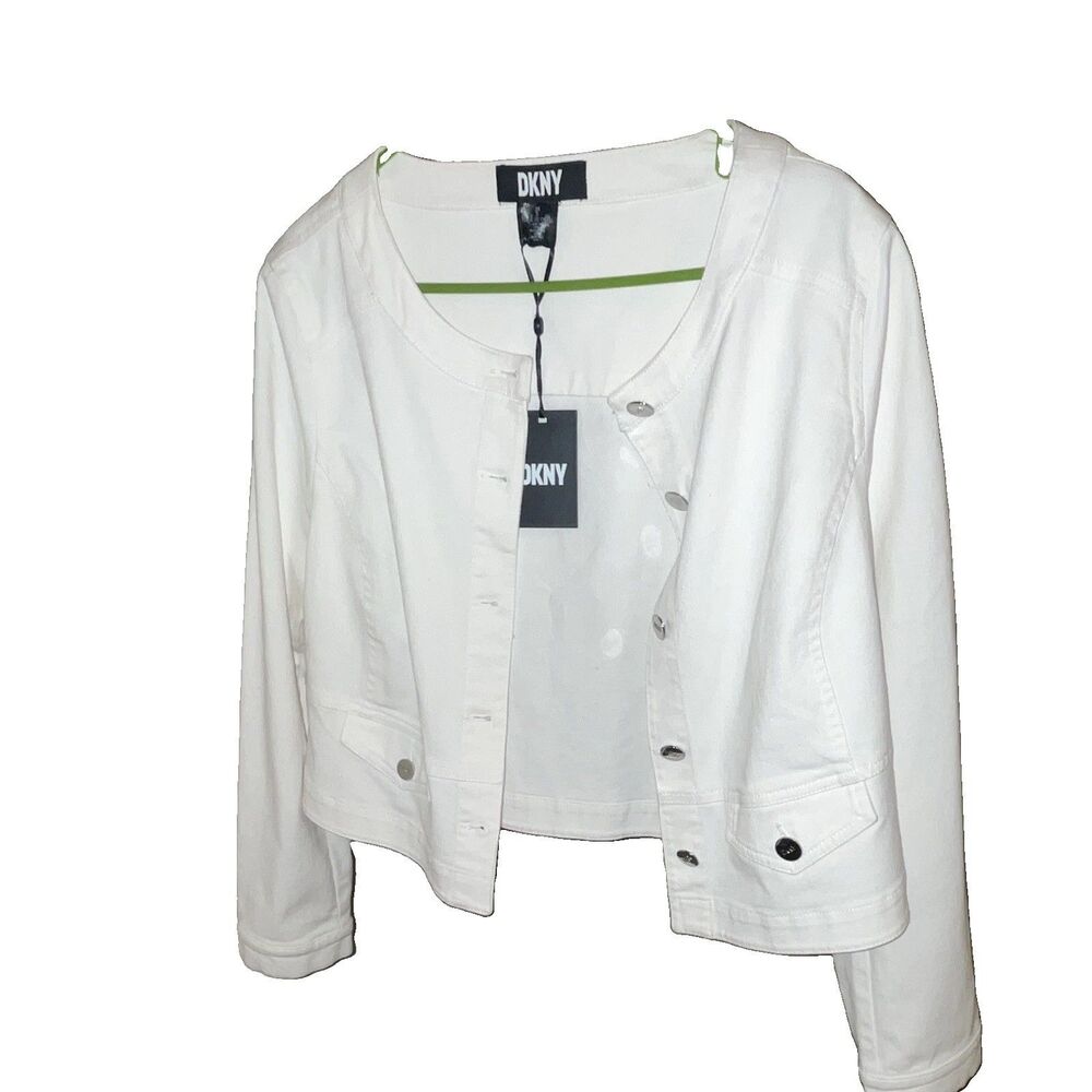 DKNY Women’s White Denim Jacket XL Button-Front Long Sleeve Pockets